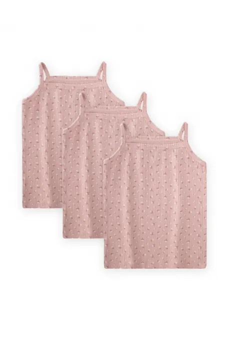 İp Askılı Kız Atlet Üçlü Pudra Çiçek Desenli