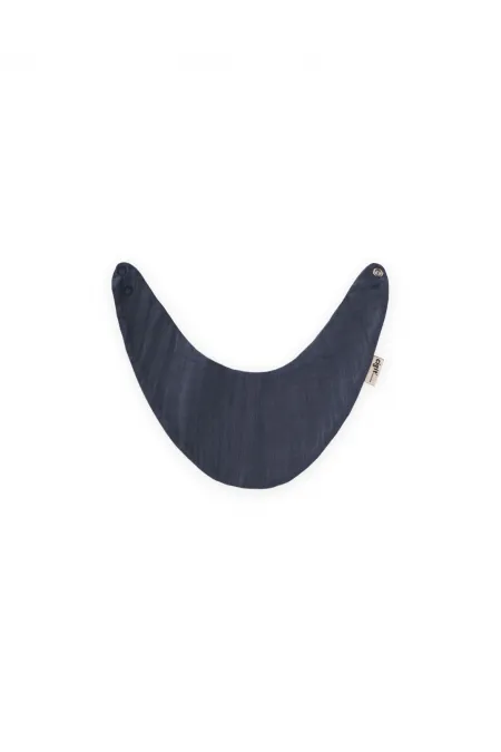 Triangle-shaped, back-tie muslin baby bib, navy blue.