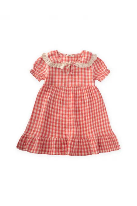 Robe à col à carreaux Peti 2-10 ans corail