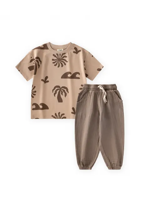 Organik Pantolonlu T-Shirt Takım 2-12 Yaş Bej