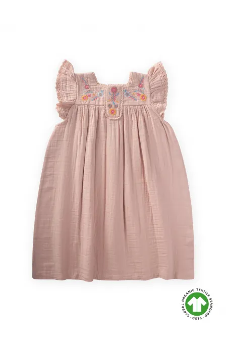 Robe en mousseline de coton biologique brodée pour enfants de 2 à 8 ans, rose poudré