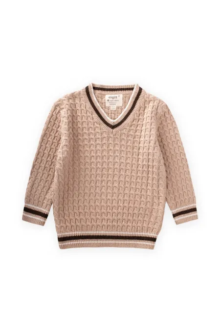 Pull en maille beige à col V pour enfant de 2 à 9 ans