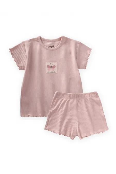 Fitilli Şortlu Takım 1-7 Yaş Pudra Pembe