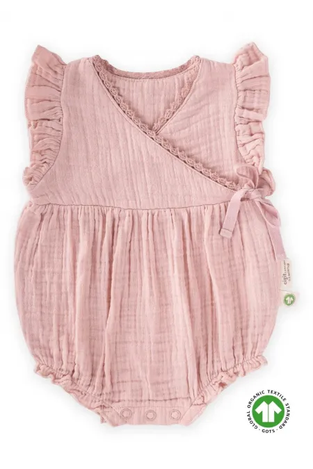 Body short en mousseline de coton biologique avec détails en dentelle, 0-2 ans, rose poudré