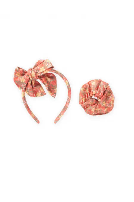 Crown Bow Elastic Hair Clip Set with Coral Flower Design