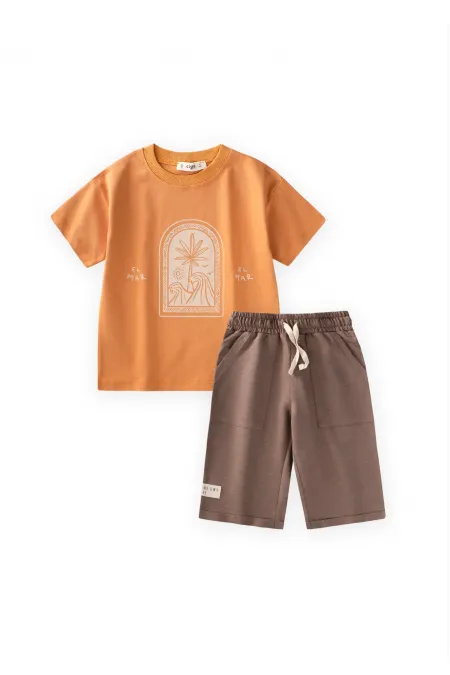 Soyut Palmiye Baskılı Kapri Takım 2-8 Yaş Camel