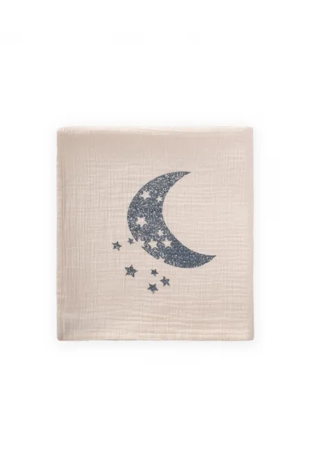 Couverture naturelle à motif lune 90x100 cm, imprimé indigo