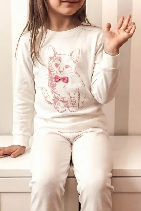Ensemble pyjama à imprimé chat pour enfants de 2 à 8 ans (écru)