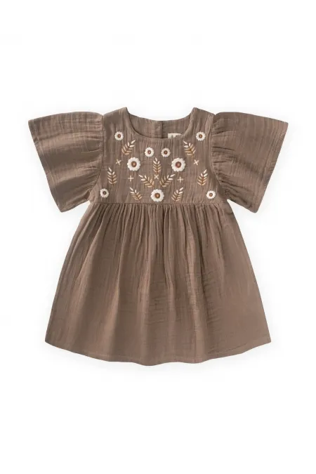 Robe à manches papillon brodée de fleurs, 2-8 ans, couleur vison