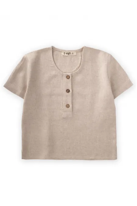 Half Plaid Linen Blouse 2-7 Years Old Natural