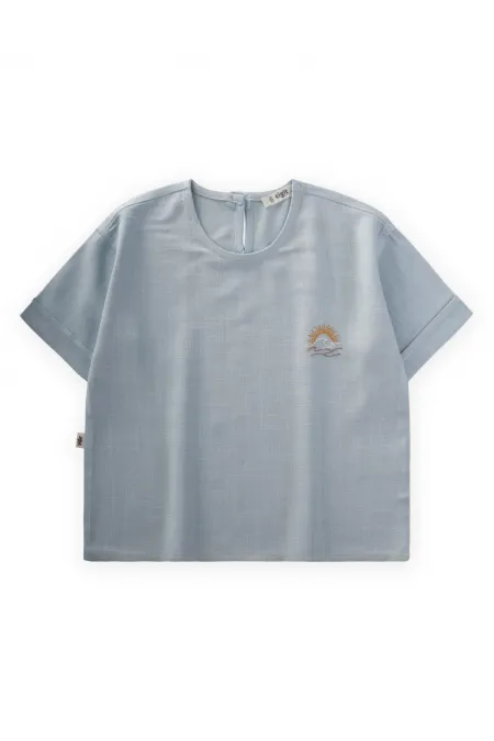 Sun Embroidered Linen Blouse 2-7 Years Old Blue