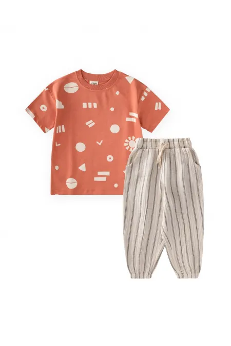 Organik Pantolonlu T-Shirt Takım 2-12 Yaş Oranj