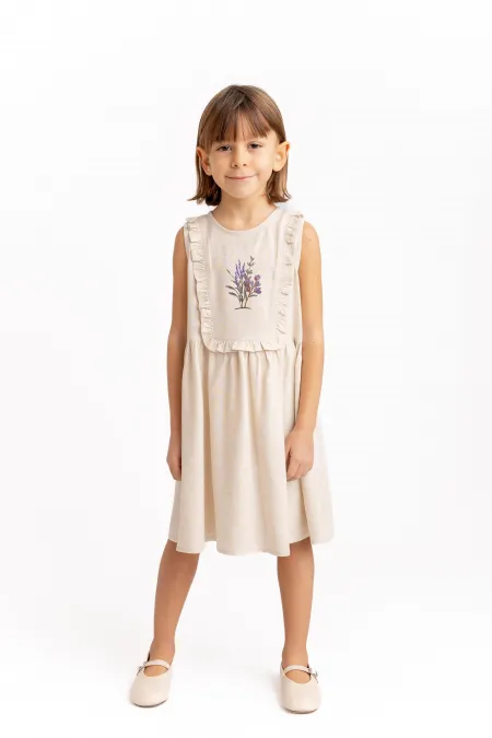 Robe rectangulaire en lin brodé pour enfants de 2 à 7 ans, couleur naturelle