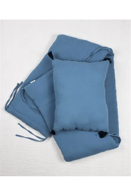 Müslin Bebek Yatak Koruma Yastık Seti (Yıkanmıştır) 32X180 cm +/- 2 cm İndigo Mavi