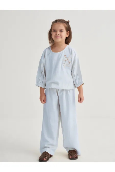 Wide-leg Trousers Embroidered Linen Set, Ages 2-7, Blue