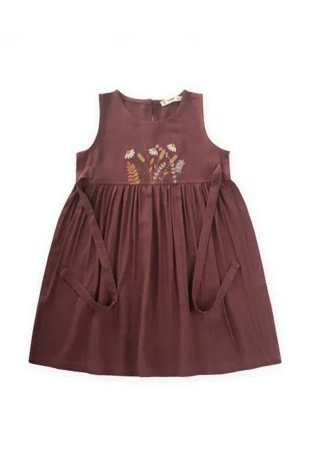 Robe en lin brodée à nouer sur le côté, couleur prune, pour enfants de 2 à 7 ans