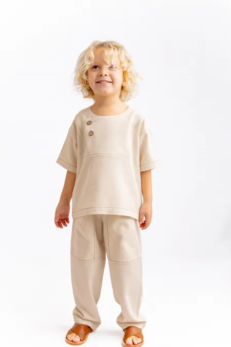 Contrast Stitched Linen Blouse 2-7 Years Old Natural