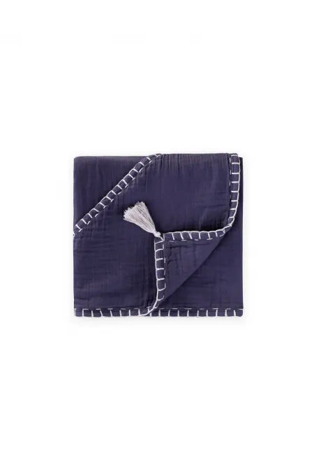 Serviette triangulaire en mousseline double épaisseur faite main (lavée) 75 x 75 cm bleu marine