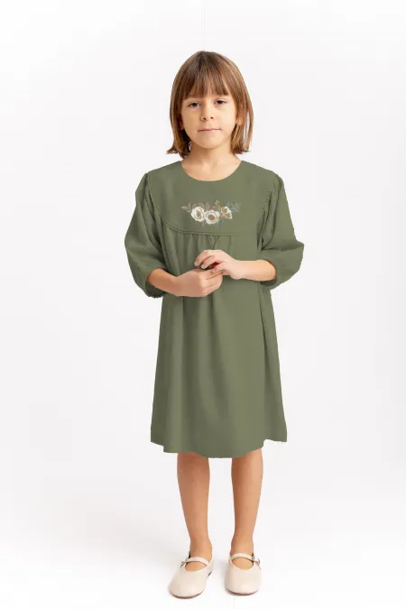 Robe en lin brodée à ourlet effiloché, pour enfants de 2 à 7 ans, vert kaki