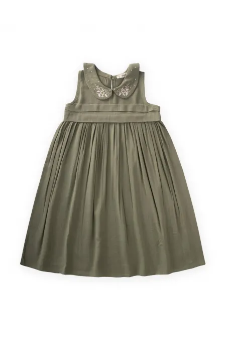 Robe en lin brodée à col bébé pour enfants de 2 à 7 ans, kaki vert