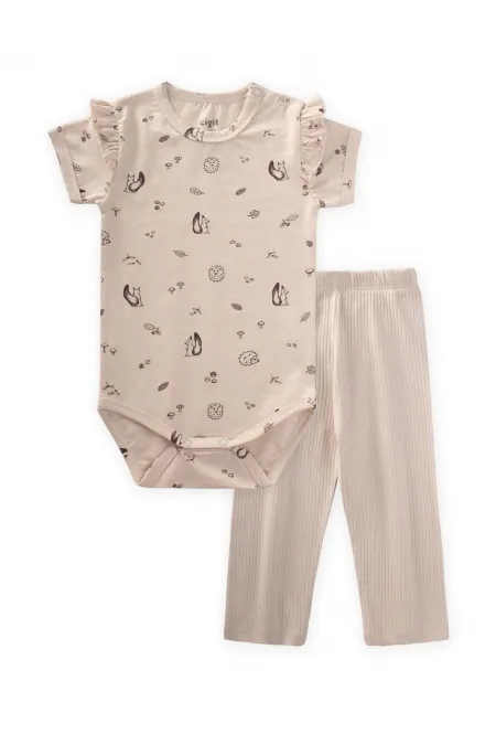 Patterned Ruffle Shoulder Bodysuit Set 0-3 Years Old Squirrel Pattern