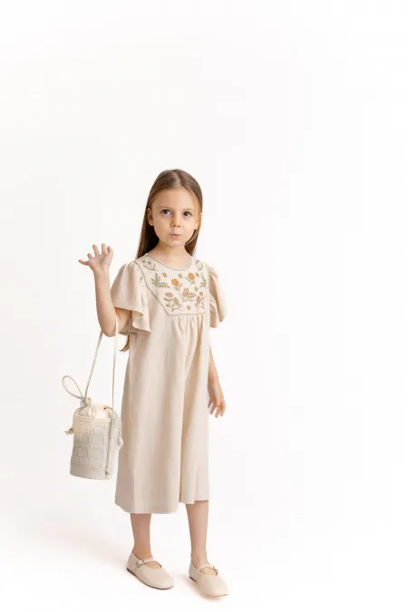 Robe en lin brodé pour enfants de 2 à 7 ans, couleur naturelle