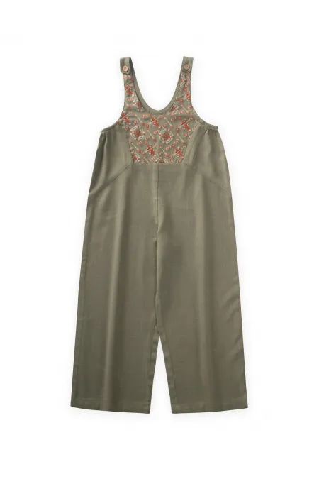 Roba Komple Nakışlı Keten Salopet 2-7 Yaş Haki Yeşil