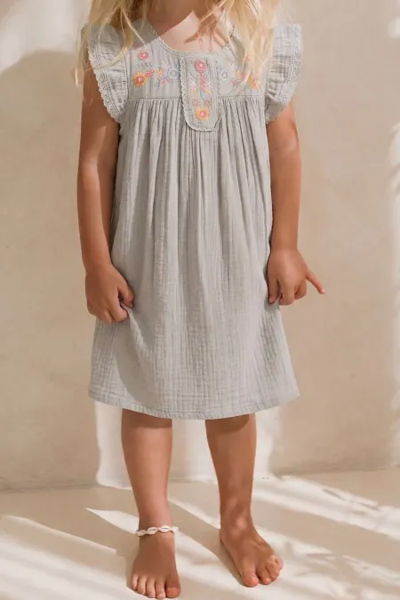 Robe en mousseline de coton biologique brodée pour enfants de 2 à 8 ans, vert d'eau