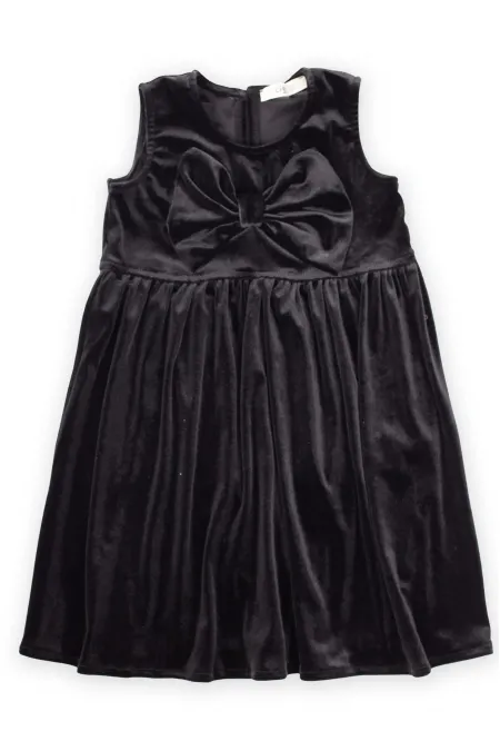 Önü Fiyonklu Kadife Elbise 2-7 Yaş Siyah