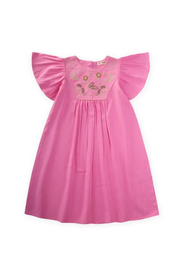 Robası Nakışlı Keten Elbise 2-7 Yaş Pembe