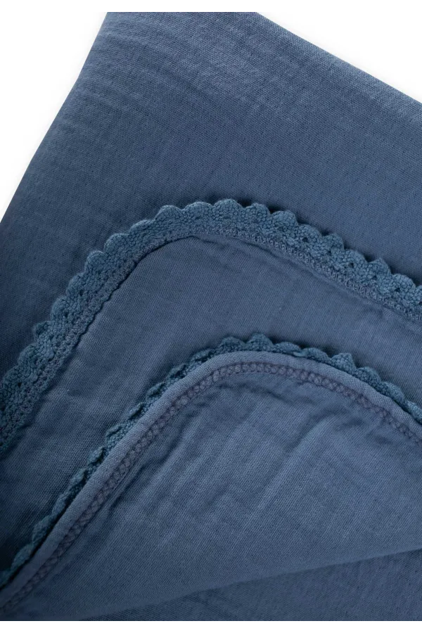Double Layer Muslin Baby Blanket with Pom-Pom Trim, 100x100 cm +/- 3 cm, Indigo Blue