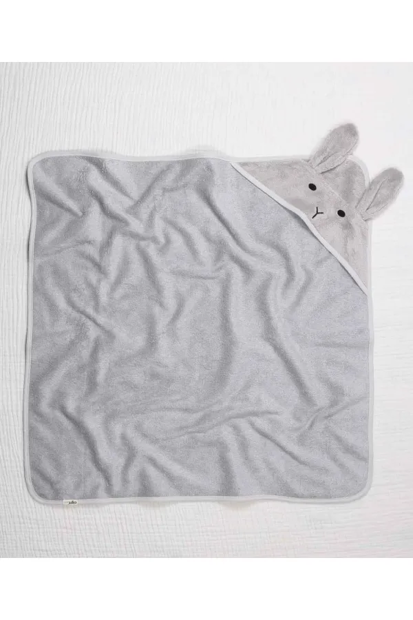 Kulaklı Tavşan Nakışlı Bebek Banyo Havlusu 75X75 cm Gri