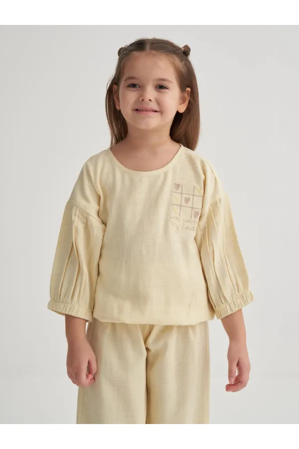 Wide-leg Trousers Embroidered Linen Set, Ages 2-7, Yellow