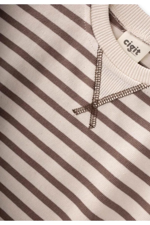 Çizgili Karyoka Detaylı Mevsimlik Sweatshirt  2-12 Yaş Vizon