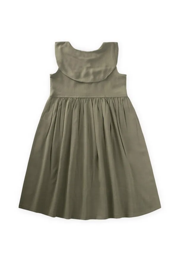 Nakışlı Roba Yaka Keten Elbise 2-7 Yaş Haki Yeşil