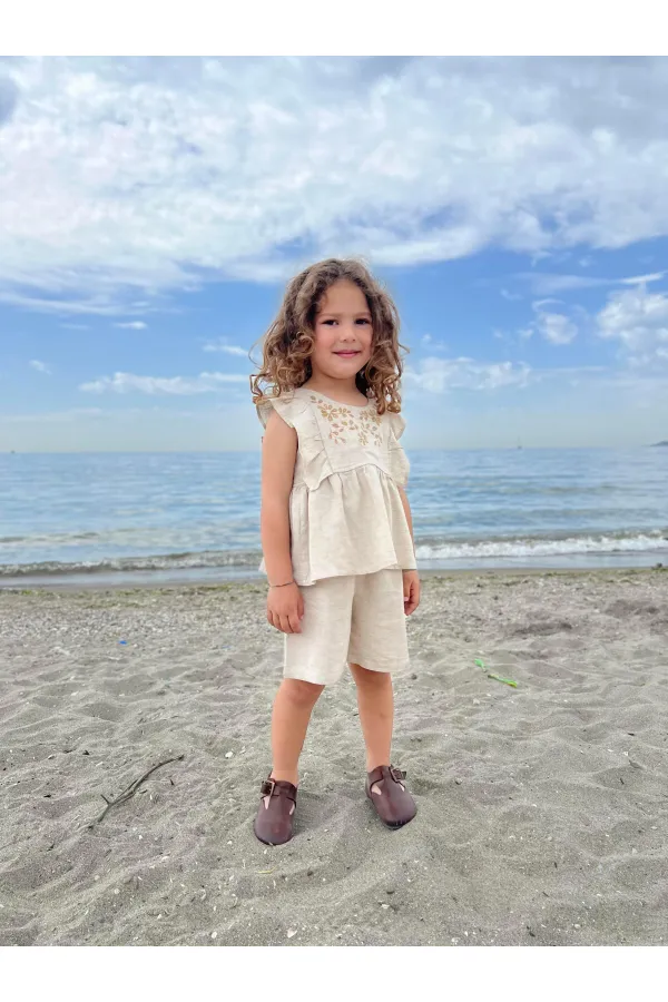 Linen Suit with Embroidered Shorts for 2-7 Years Old Natural