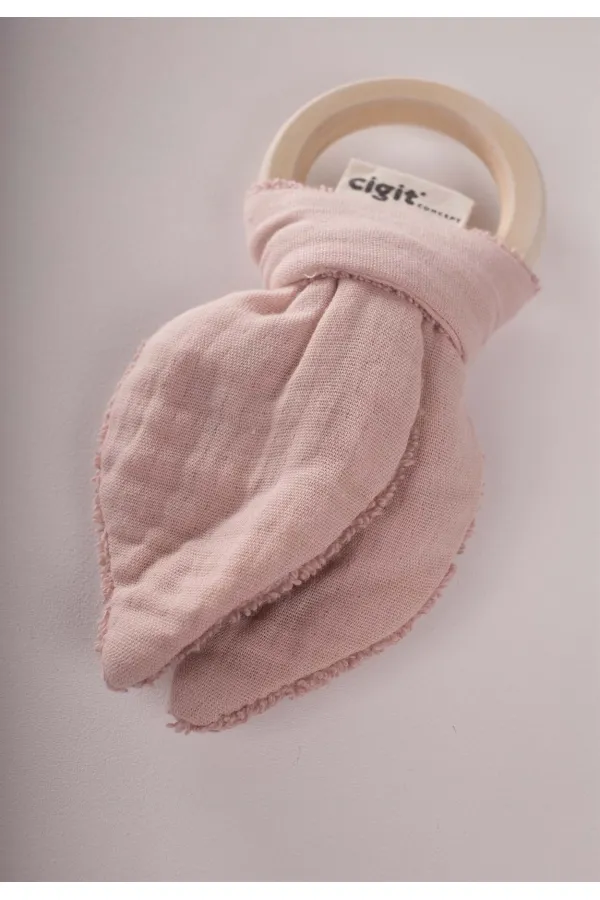 Ahşap Müslin Bebek Diş Kaşıyıcı Pudra Pembe