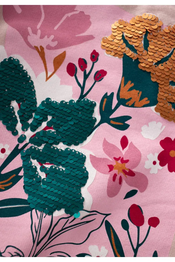 Sweat-shirt à sequins imprimé floral pour enfant de 1 à 6 ans, couleur poudre