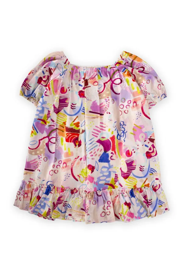 Poplin Dress with Elastic Collar and Sleeves, 2-7 Years Old, Ecru Fuchsia