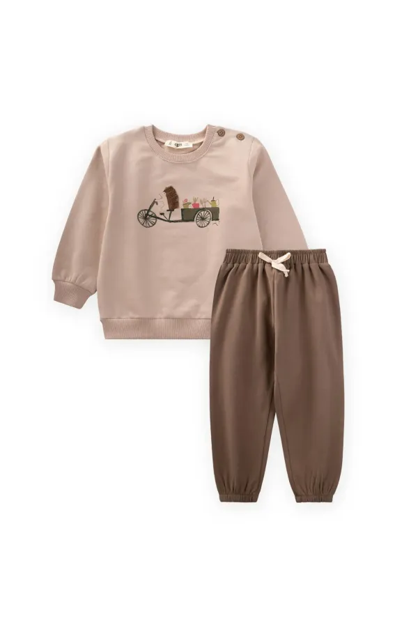 Hedgehog Printed Sweatshirt Set for 0-5 Years Old Beige