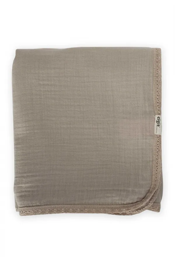 Couverture en mousseline simple épaisseur brodée de dentelle 100 x 100 cm +/- 3 cm Vison