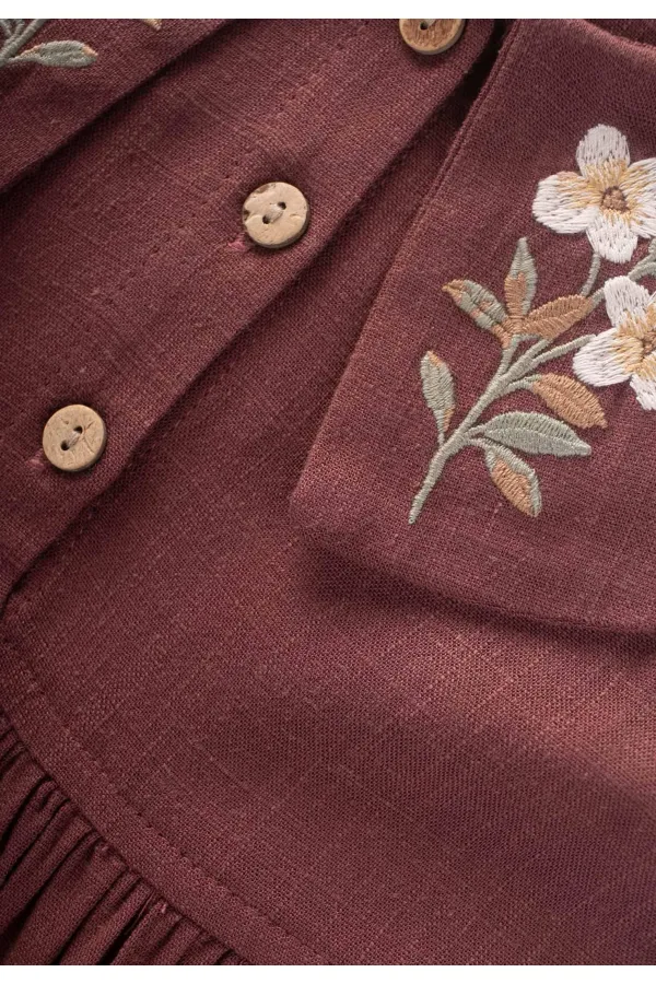 Robe en lin à col brodé pour enfants de 2 à 7 ans, couleur prune
