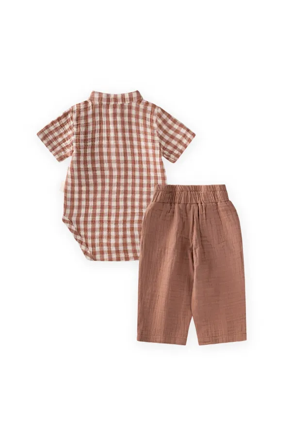 Ensemble chemise et body 0-3 ans, motif à carreaux café