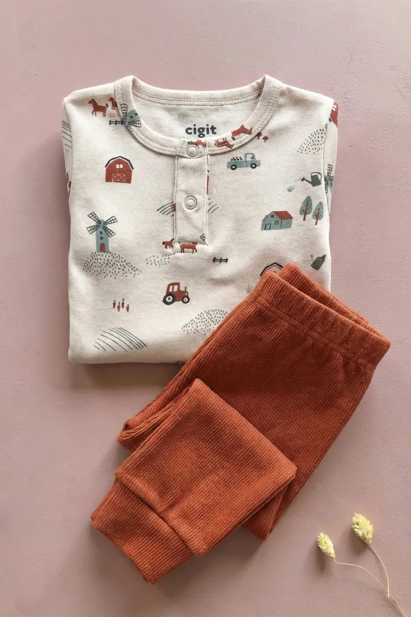 Farm Patterned Bodysuit Set for 0-3 Years Old Beige