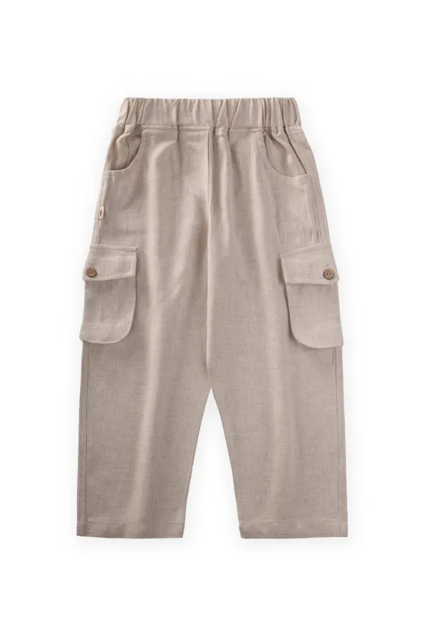 Çift Körük Cepli Keten Pantolon 2-7 Yaş Naturel
