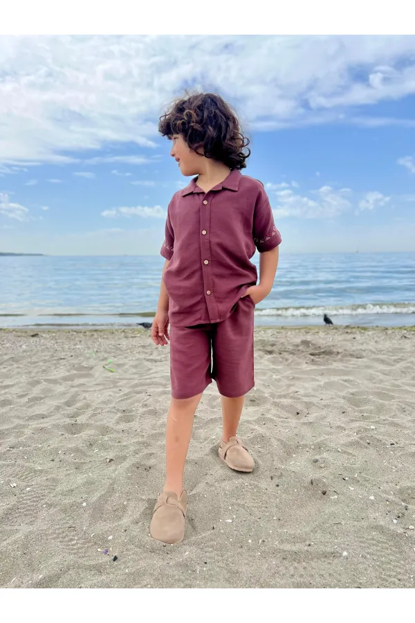Kolları Nakışlı Gömlek Şort Keten Takım 2-7 Yaş Mürdüm