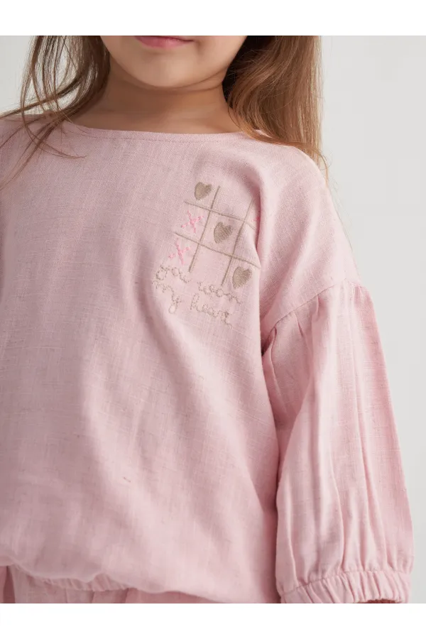 Wide-leg trousers embroidered linen set, ages 2-7, pink.