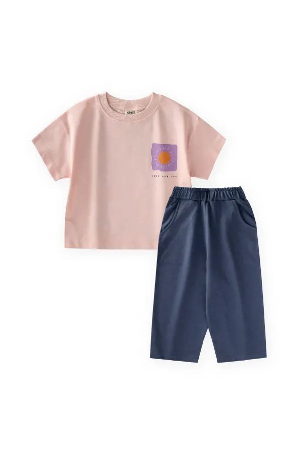 Yüksek Bel Pantolonlu Takım 2-10 Yaş Pudra Pembe