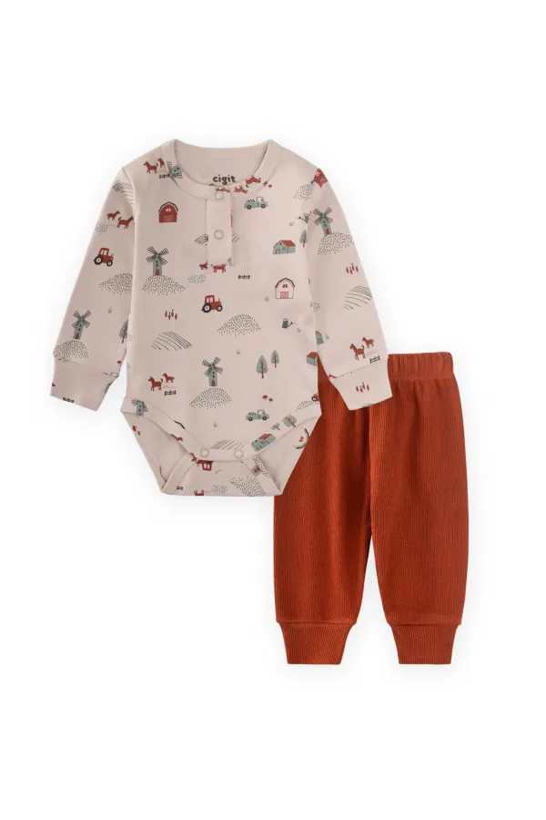 Farm Patterned Bodysuit Set for 0-3 Years Old Beige