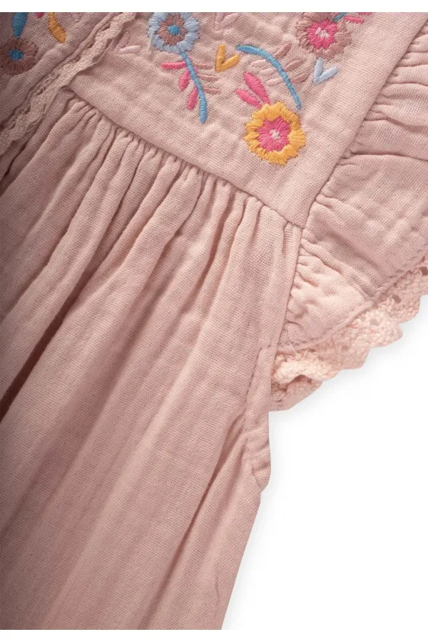 Nakışlı Organik Müslin Elbise 2-8 Yaş Pudra Pembe